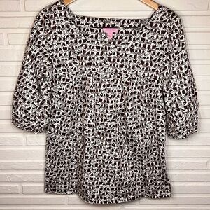Lilly Pulitzer Brown and White Cotton Puffed Sleeve Elephant Top, Women Size 8